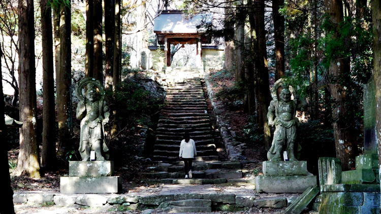 お寺の石階段を見上げる女性